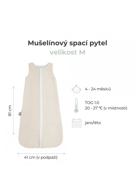 Letní a jarní lehký mušelínový spací pytel Love 4-24 měsíců M béžový se srdíčky
