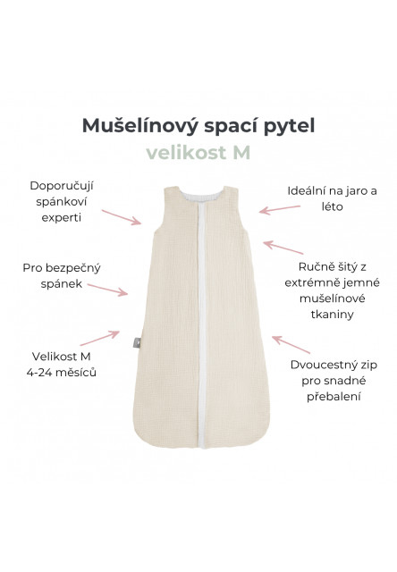 Letní a jarní lehký mušelínový spací pytel Nature 4-24 měsíců M krémová