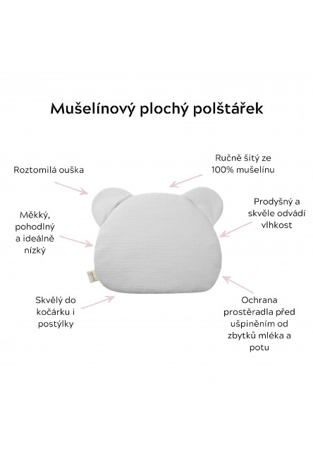 Mušelínový plochý polštář Teddy Bear Sleepee Love béžový se srdíčky
