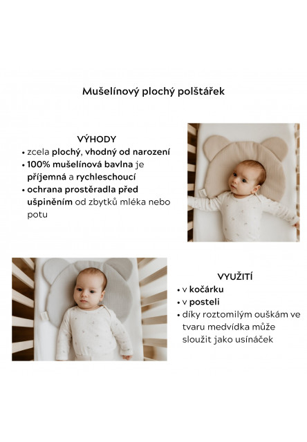 Mušelínový plochý polštář Teddy Bear Sleepee Love béžový se srdíčky