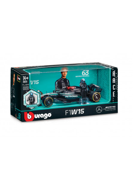 Bburago - RACE F1 s figúrkou jazdca, Mercedes-AMG Petronas W15 (2024), #63 George Russell, 1:24