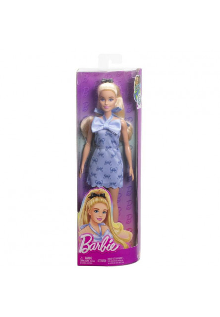 Barbie modelka - šaty s modrými mašlami
